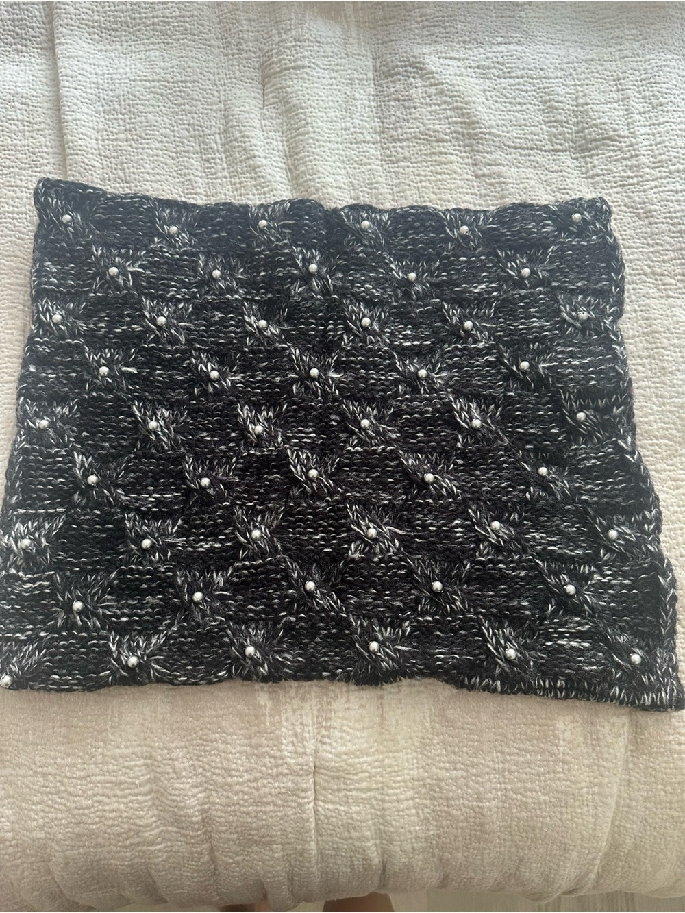 Black & White Knit Mini Skirt with Pearl Accents